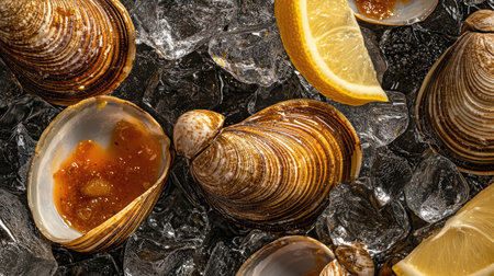A close-up of freshly shucked clams on ice, served with cocktail sauce and lemon wedges.の素材