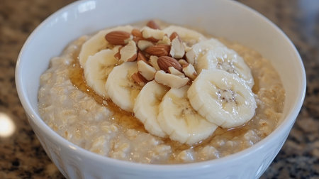A bowl of overnight oats topped with banana slices, nuts, and a drizzle of honey.の素材