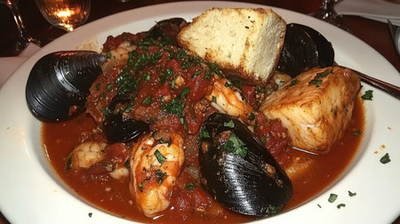 A bowl of hearty cioppino seafood stew with chunks of fish, shrimp, and mussels in a tomato broth.の素材