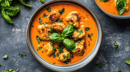 A comforting bowl of dairy-free creamy tomato soup with fresh basil and garlic croutons.の素材