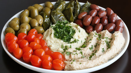 A delicious Mediterranean platter featuring stuffed grape leaves, olives, and baba ganoush.の素材