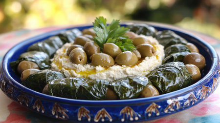 A delicious Mediterranean platter featuring stuffed grape leaves, olives, and baba ganoush.の素材
