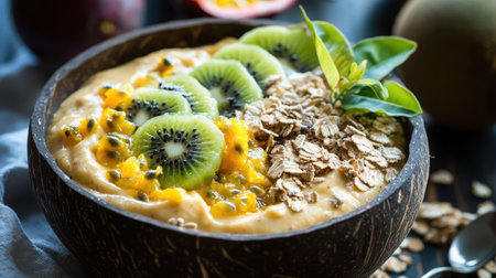 A delicious spread of coconut yogurt with fresh passion fruit, kiwi, and granola.の素材