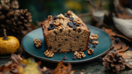 A delicious slice of vegan banana bread with walnuts and dark chocolate chips.の素材