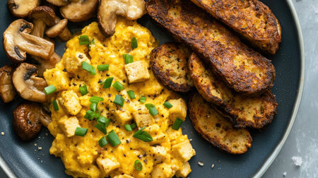 A hearty vegan breakfast plate with scrambled tofu, sauted mushrooms, and crispy hash browns.の素材