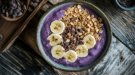 A creamy acai bowl with granola, bananas, coconut flakes, and cacao nibs.の素材