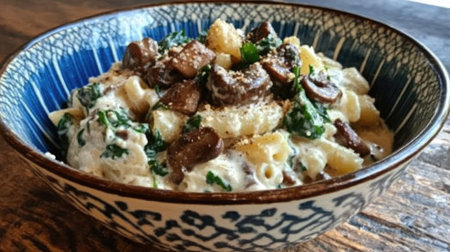 A creamy cashew-based Alfredo pasta with sauted mushrooms and spinach.の素材