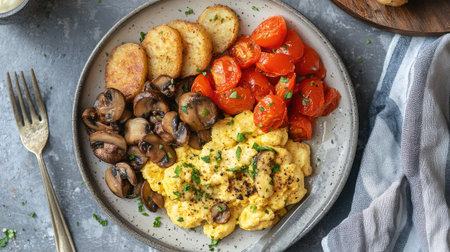 A hearty vegan breakfast plate with scrambled tofu, sauted mushrooms, and crispy hash browns.の素材
