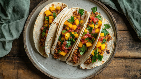 A delicious plate of jackfruit tacos with mango salsa and fresh cilantro.の素材