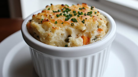 A hearty plant-based shepherd's pie topped with creamy mashed potatoes.の素材