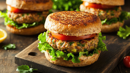 A hearty veggie burger with lettuce, tomato, avocado, and a whole wheat bun.の素材