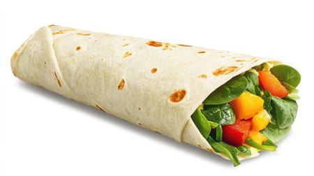 A fresh wrap filled with hummus, roasted vegetables, and baby spinach.の素材