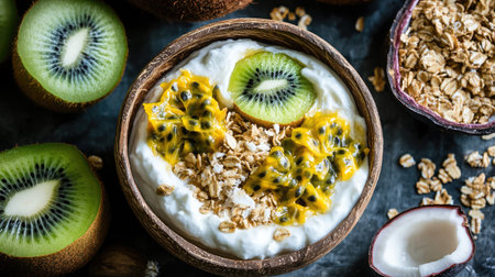 A delicious spread of coconut yogurt with fresh passion fruit, kiwi, and granola.の素材