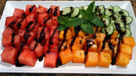 A fresh summer salad with watermelon, cucumber, mint, and a drizzle of balsamic glaze.の素材