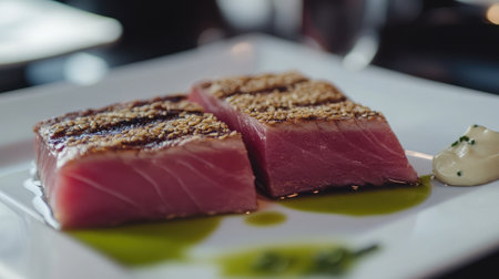 A grilled tuna steak with a sesame crust, served with a side of wasabi aioli.の素材