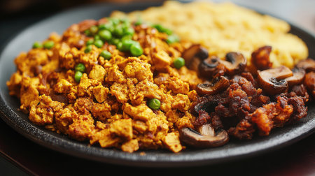 A hearty vegan breakfast plate with scrambled tofu, sauted mushrooms, and crispy hash browns.の素材