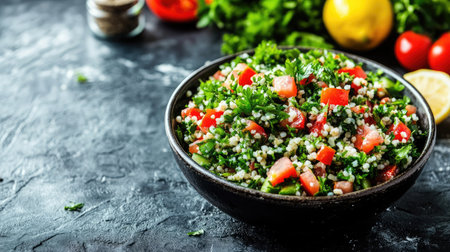 A fresh bowl of tabbouleh salad with bulgur wheat, parsley, tomatoes, and lemon dressing.の素材