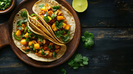 A delicious plate of jackfruit tacos with mango salsa and fresh cilantro.の素材