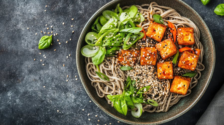 A fresh bowl of cold soba noodles with sesame dressing and crispy tofu.の素材