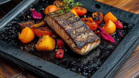 A grilled mackerel fillet with crispy skin, served with roasted vegetables.の素材