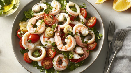 A fresh seafood salad with shrimp, calamari, cherry tomatoes, and a citrus vinaigrette.の素材
