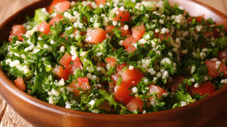 A fresh bowl of tabbouleh salad with bulgur wheat, parsley, tomatoes, and lemon dressing.の素材