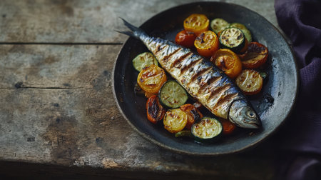 A grilled mackerel fillet with crispy skin, served with roasted vegetables.の素材