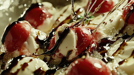 A fresh Caprese salad with sliced tomatoes, mozzarella, basil, and balsamic glaze.の素材