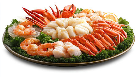 A fresh seafood platter featuring crab claws, lobster tails, and shrimp cocktail.の素材