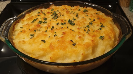 A hearty plant-based shepherd's pie topped with creamy mashed potatoes.の素材