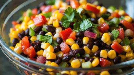 A fresh corn and black bean salad with cilantro, lime, and red bell peppers.の素材