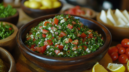 A fresh bowl of tabbouleh salad with bulgur wheat, parsley, tomatoes, and lemon dressing.の素材