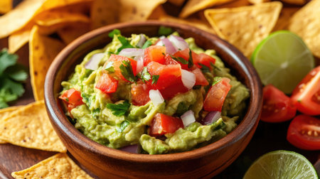 A fresh guacamole bowl with diced tomatoes, onions, and lime, surrounded by tortilla chips.の素材