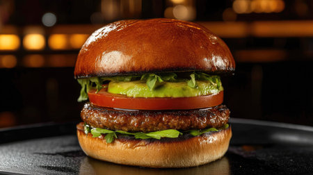 A hearty veggie burger with lettuce, tomato, avocado, and a whole wheat bun.の素材