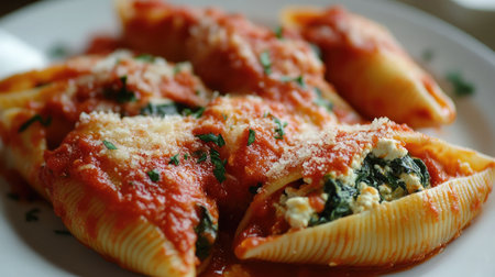 A plate of creamy spinach and ricotta stuffed shells in marinara sauce.の素材