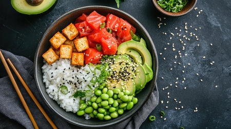 A fresh poke bowl made with marinated tofu, edamame, avocado, and sesame seeds over sushi rice.の素材