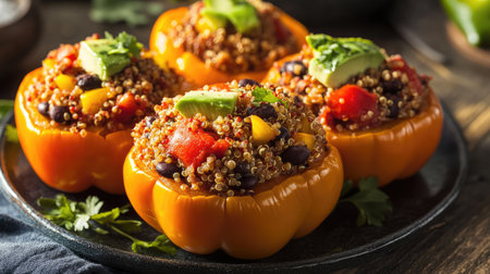 A plate of stuffed bell peppers filled with quinoa, black beans, and avocado.の素材