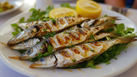 A plate of grilled sardines with a squeeze of lemon, served with a fresh green salad.の素材