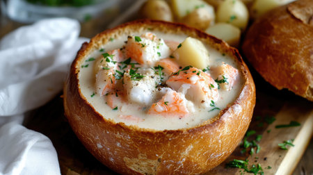 A rustic seafood chowder served in a bread bowl with chunks of fresh fish and potatoes.の素材