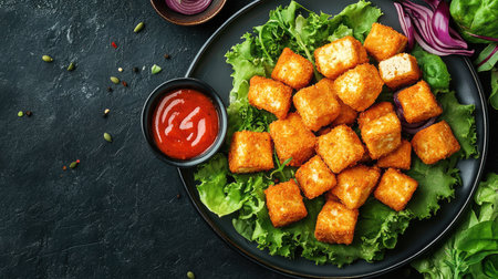 A plate of crispy baked tofu nuggets served with a side of spicy sriracha mayo.の素材