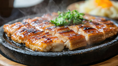 A sizzling hot stone plate of grilled eel, drizzled with teriyaki sauce.の素材