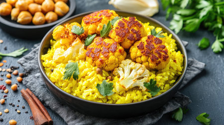 A serving of golden turmeric rice with roasted cauliflower and chickpeas.の素材