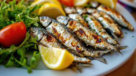A plate of grilled sardines with a squeeze of lemon, served with a fresh green salad.の素材