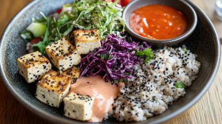 A plate of crispy baked tofu nuggets served with a side of spicy sriracha mayo.の素材