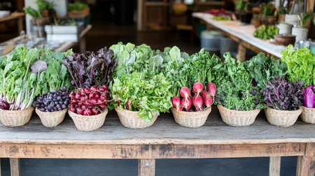 A rustic wooden table with freshly harvested organic vegetables arranged in baskets.の素材