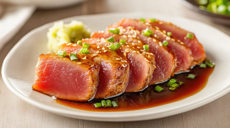 A plate of seared ahi tuna with a soy-ginger glaze and a side of wasabi.の素材