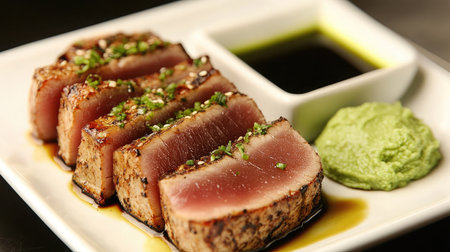 A plate of seared ahi tuna with a soy-ginger glaze and a side of wasabi.の素材