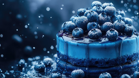 A stack of fluffy blueberry pancakes topped with maple syrup and fresh berries.の素材