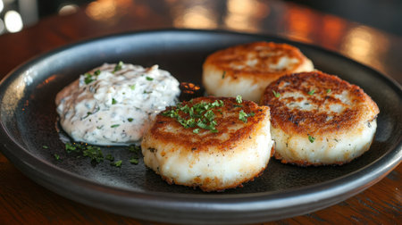 A plate of delicate crab cakes with a golden crust, served with remoulade sauce.の素材
