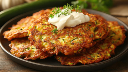 A plate of golden-brown zucchini fritters, served with a dollop of sour cream and fresh herbs.の素材